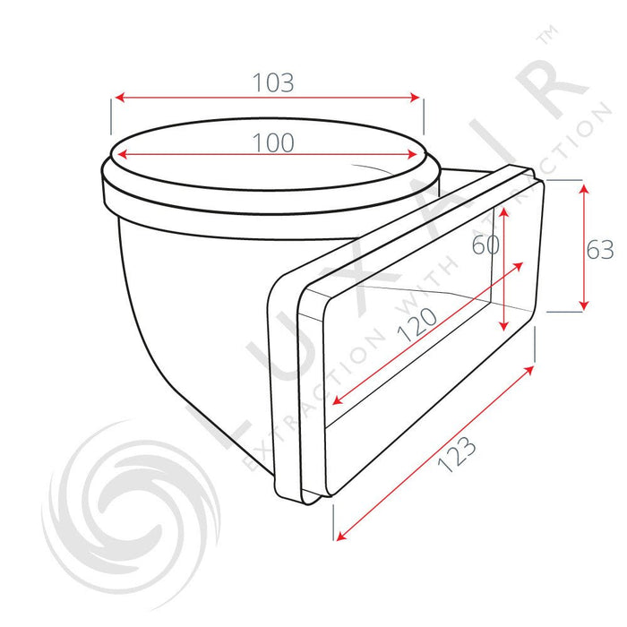 100mm Round to Flat 150mm x 70mm Vertical 90° Elbow - Luxair Cooker Hoods Limited