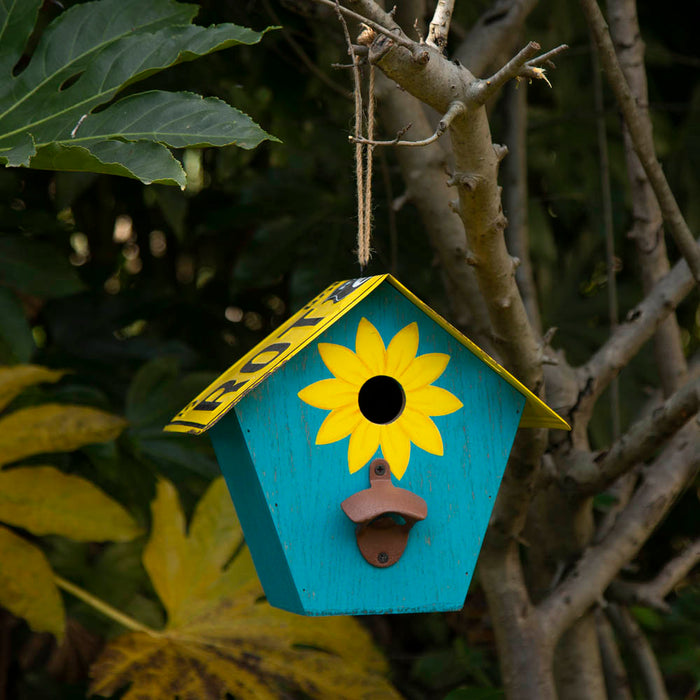 10.75"L Wood/Metal Light Blue Birdhouse with Licence Plate Roof