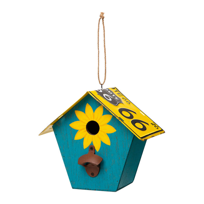 10.75"L Wood/Metal Light Blue Birdhouse with Licence Plate Roof