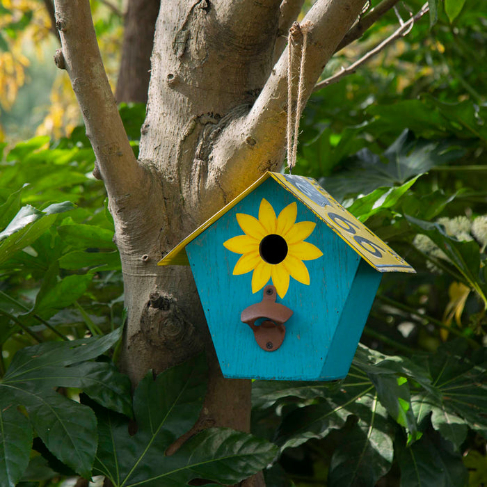 10.75"L Wood/Metal Light Blue Birdhouse with Licence Plate Roof