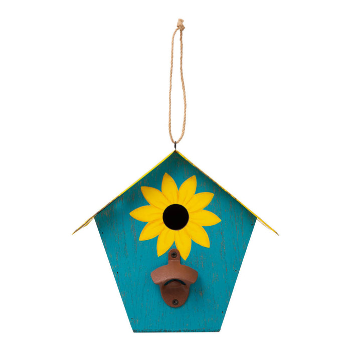 10.75"L Wood/Metal Light Blue Birdhouse with Licence Plate Roof