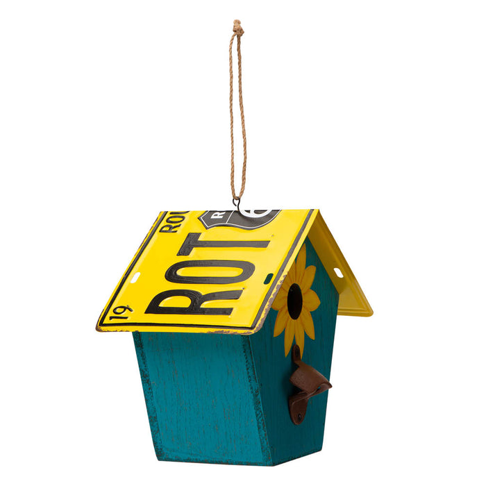 10.75"L Wood/Metal Light Blue Birdhouse with Licence Plate Roof