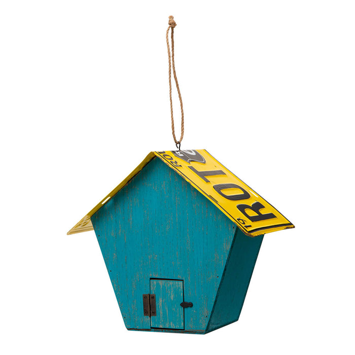 10.75"L Wood/Metal Light Blue Birdhouse with Licence Plate Roof