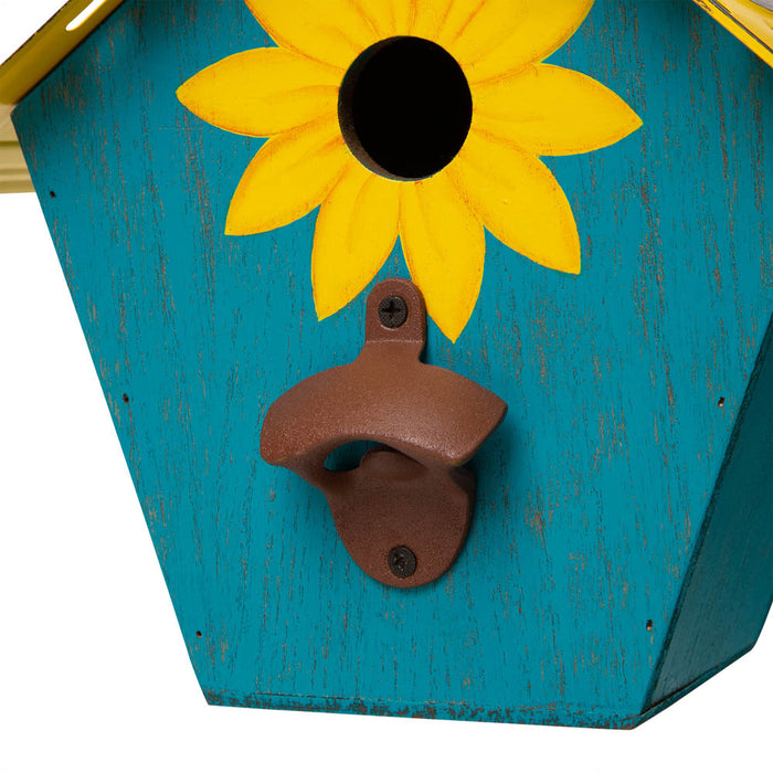 10.75"L Wood/Metal Light Blue Birdhouse with Licence Plate Roof