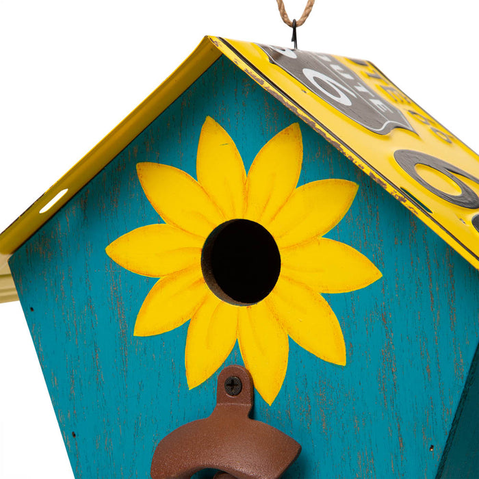 10.75"L Wood/Metal Light Blue Birdhouse with Licence Plate Roof