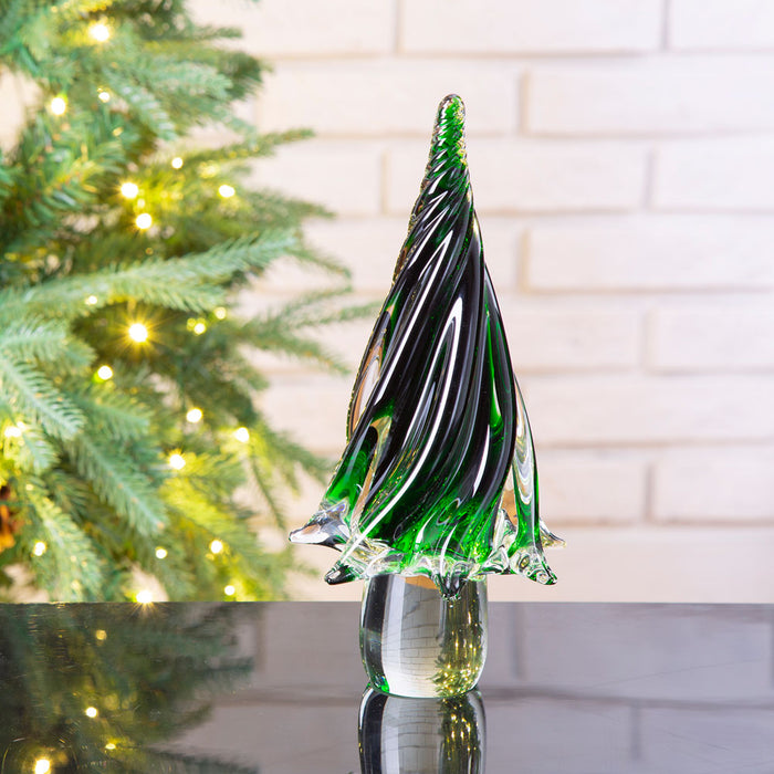 11.61"H Green Striped Table Decor Glass Christmas Tree
