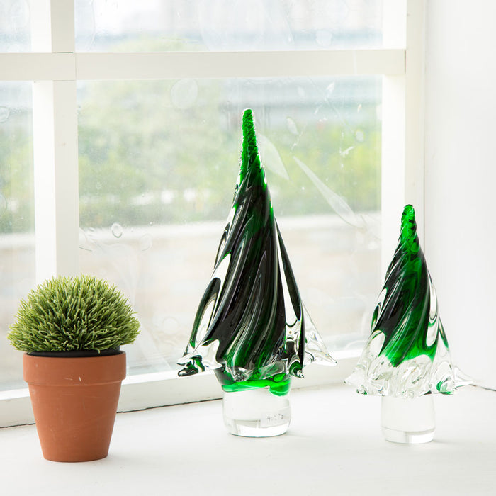11.61"H Green Striped Table Decor Glass Christmas Tree