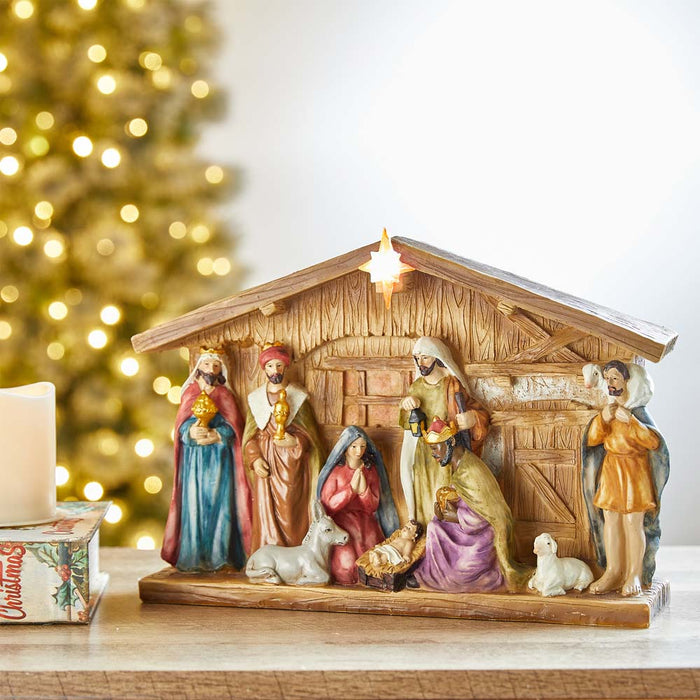 12.5"L Lighted Resin Nativity Set