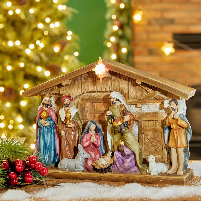 12.5"L Lighted Resin Nativity Set
