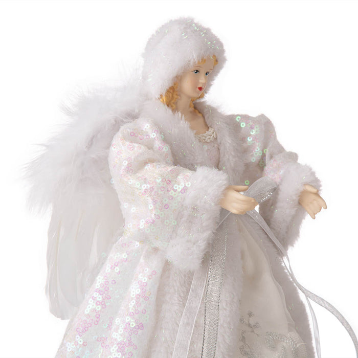 12"H Christmas Angel Tree Topper With White Faux Fur Dress