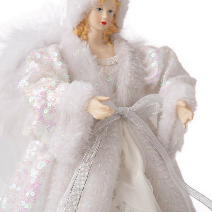 12"H Christmas Angel Tree Topper With White Faux Fur Dress