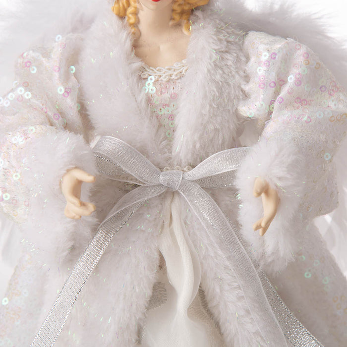 12"H Christmas Angel Tree Topper With White Faux Fur Dress