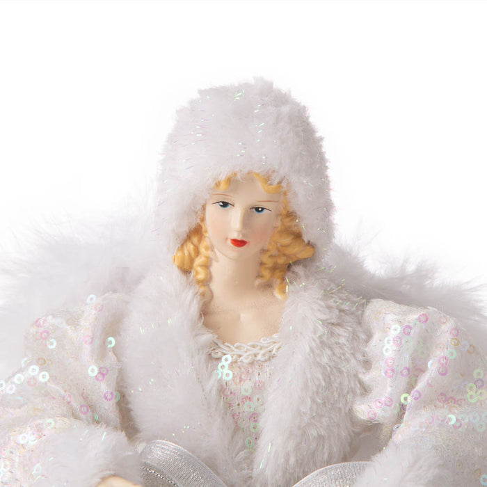 12"H Christmas Angel Tree Topper With White Faux Fur Dress