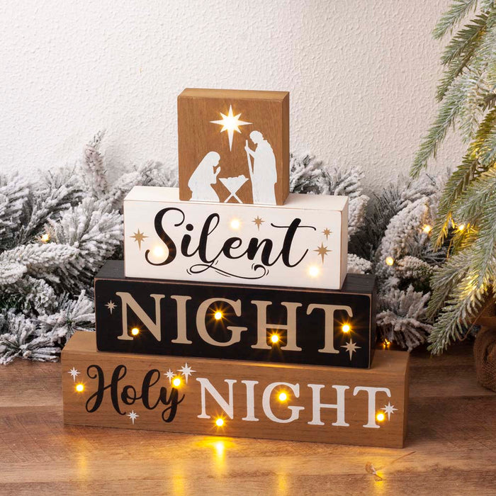 12"H Lighted Wooden Nativity Block Word Sign Decor