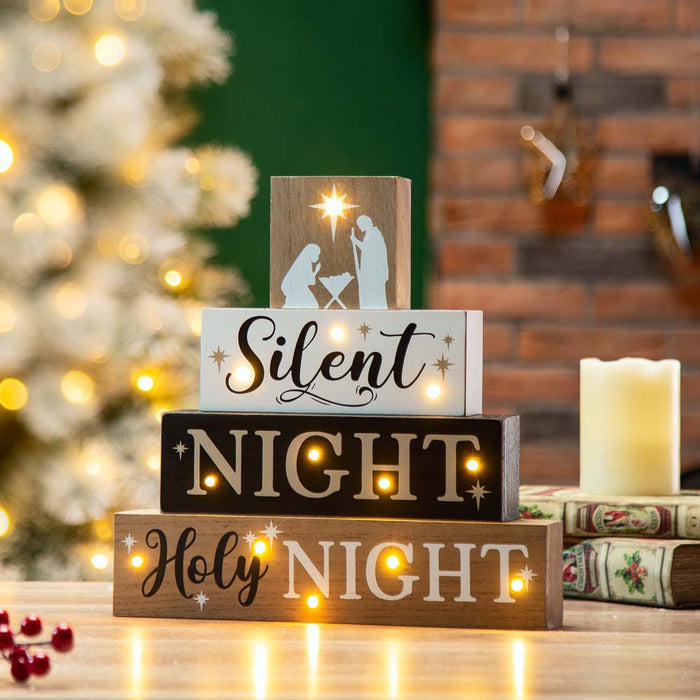 12"H Lighted Wooden Nativity Block Word Sign Decor