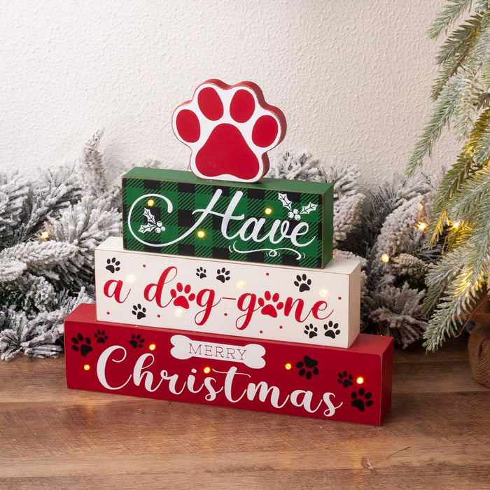 12"H Lighted Wooden Pet Dog Paw Block Word Sign Decor