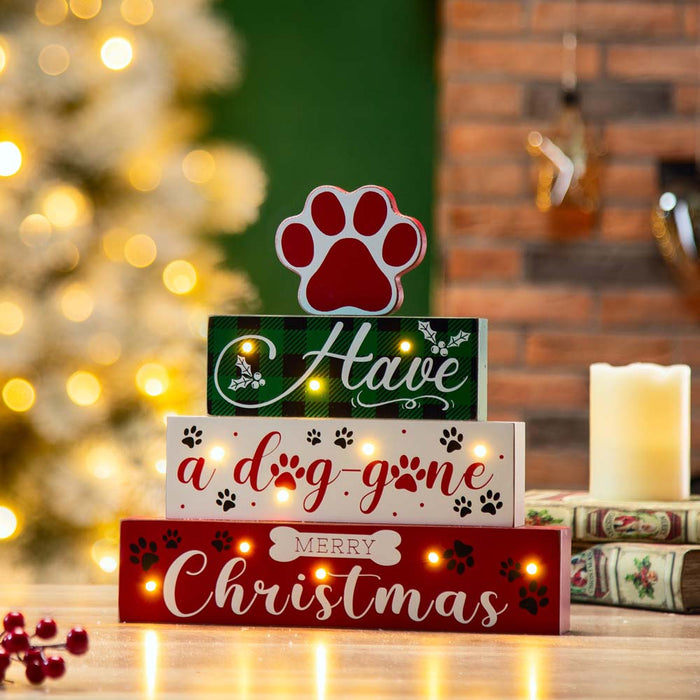 12"H Lighted Wooden Pet Dog Paw Block Word Sign Decor