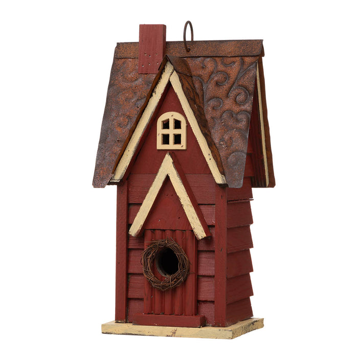 12"H Red Distressed Solid Wood Cottage Birdhouse