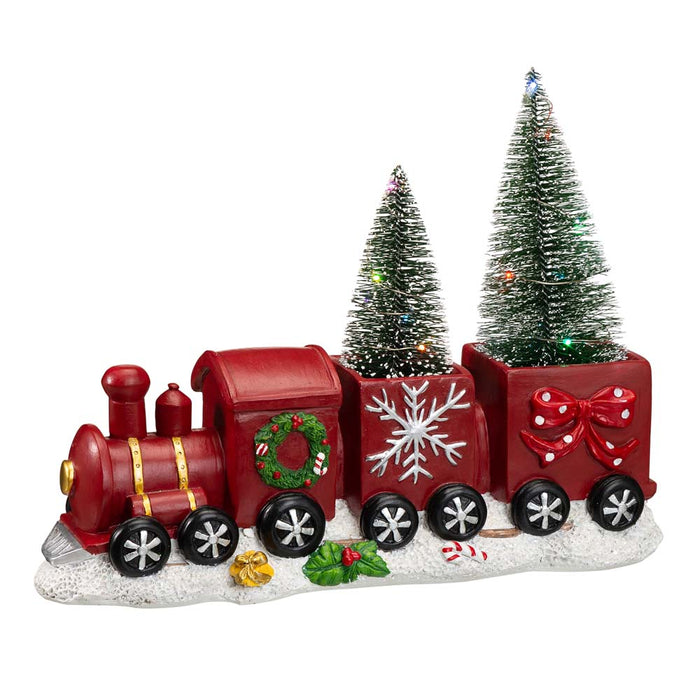 12"L Resin Train Table Décor with Lighted Decorated Trees