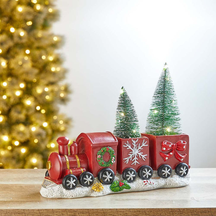 12"L Resin Train Table Décor with Lighted Decorated Trees