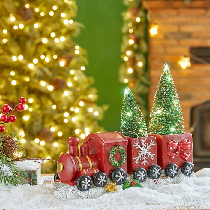 12"L Resin Train Table Décor with Lighted Decorated Trees