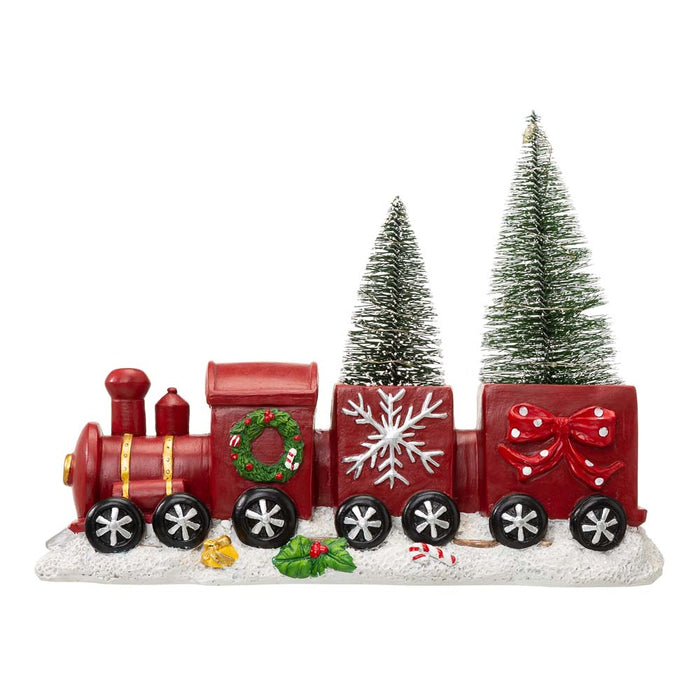 12"L Resin Train Table Décor with Lighted Decorated Trees
