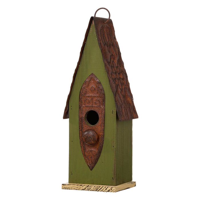 13.25"H Green Distressed Solid Wood Birdhouse