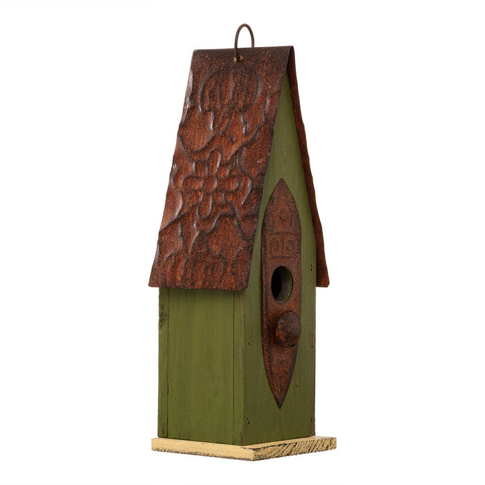 13.25"H Green Distressed Solid Wood Birdhouse