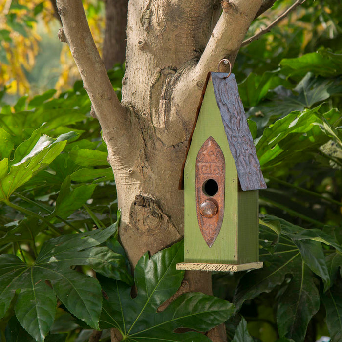 13.25"H Green Distressed Solid Wood Birdhouse