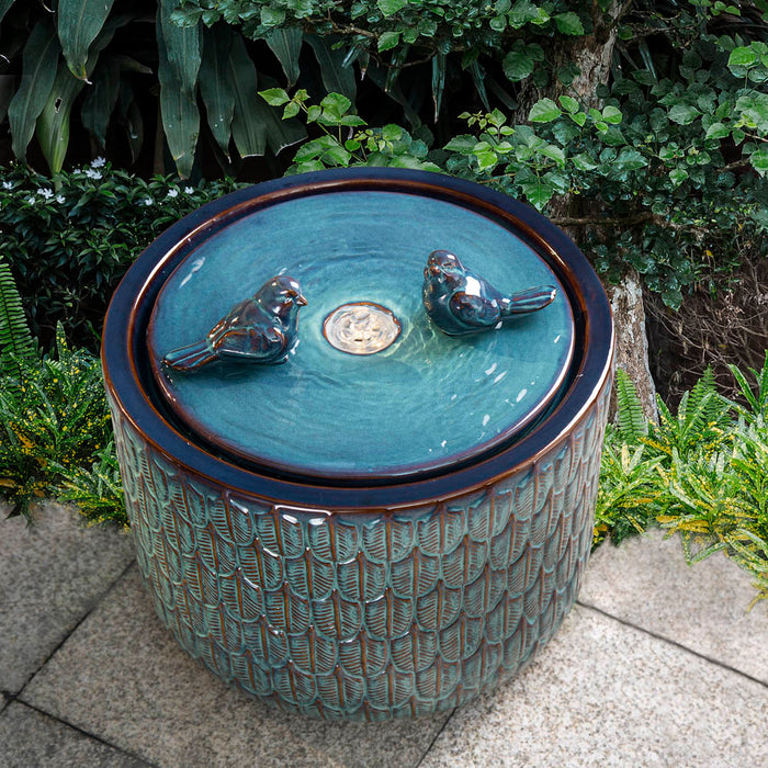 14.75"D Turquoise Two Birds Embossed Leaf Pattern Cylindrical Ceramic Fountain with Pump and LED Light