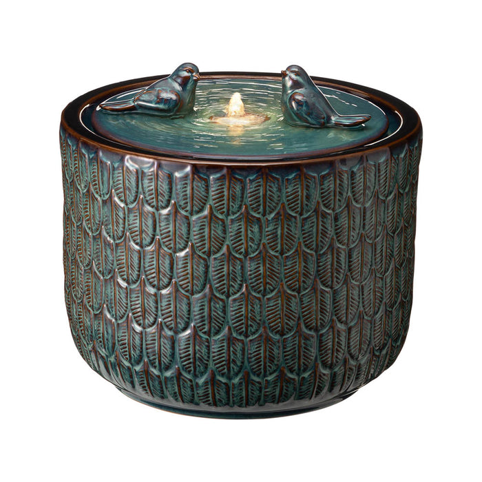 14.75"D Turquoise Two Birds Embossed Leaf Pattern Cylindrical Ceramic Fountain with Pump and LED Light