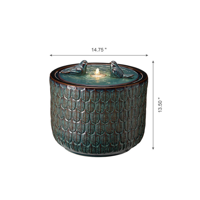 14.75"D Turquoise Two Birds Embossed Leaf Pattern Cylindrical Ceramic Fountain with Pump and LED Light