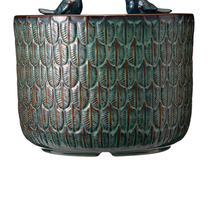 14.75"D Turquoise Two Birds Embossed Leaf Pattern Cylindrical Ceramic Fountain with Pump and LED Light