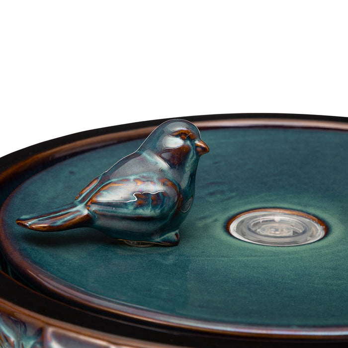 14.75"D Turquoise Two Birds Embossed Leaf Pattern Cylindrical Ceramic Fountain with Pump and LED Light