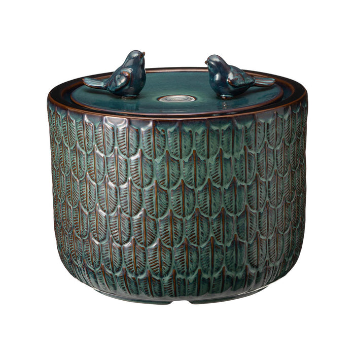 14.75"D Turquoise Two Birds Embossed Leaf Pattern Cylindrical Ceramic Fountain with Pump and LED Light