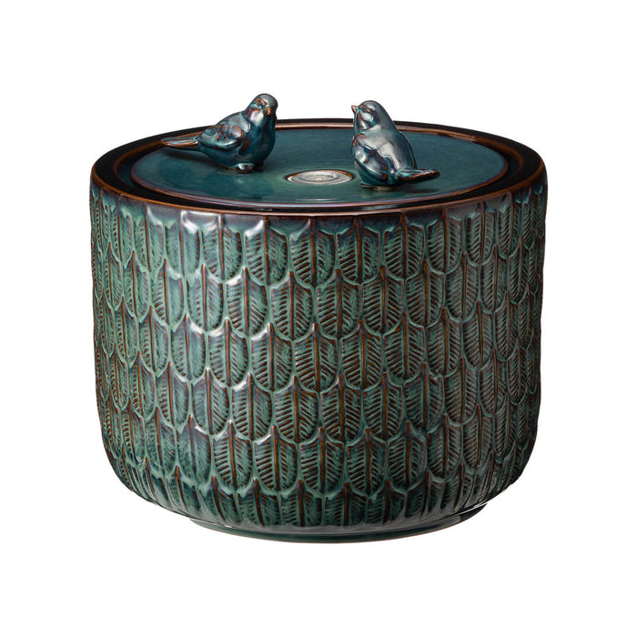 14.75"D Turquoise Two Birds Embossed Leaf Pattern Cylindrical Ceramic Fountain with Pump and LED Light