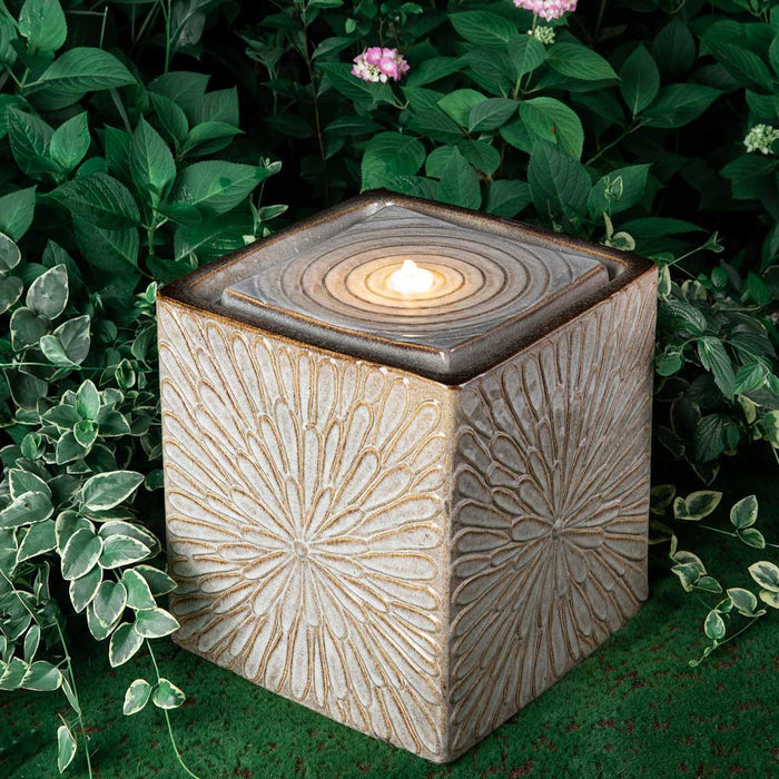 14.75"H Sand Beige Embossed Pattern Cubic Ceramic Fountain with Pump and LED Light