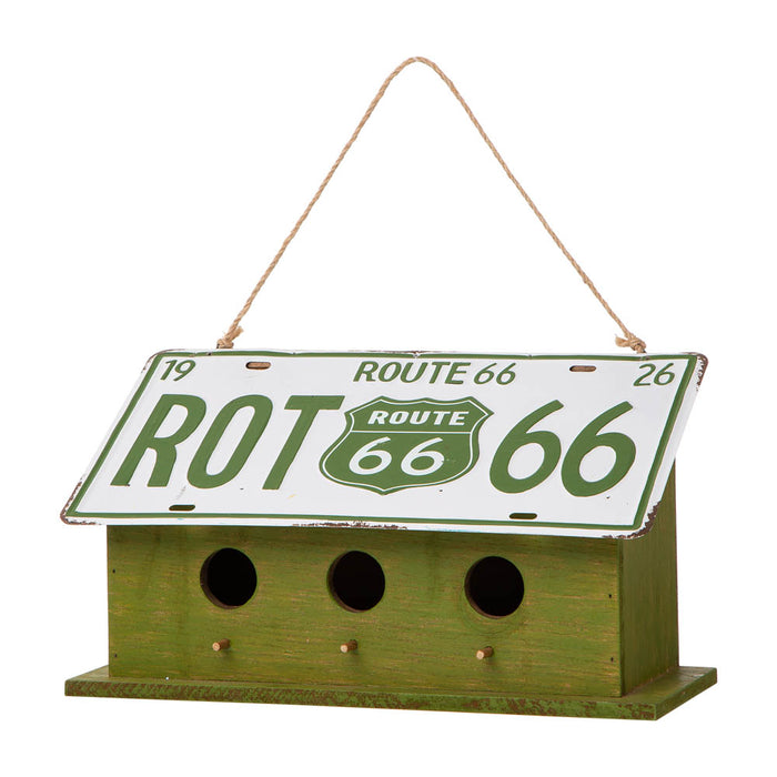 14"L Wood/Metal Green Birdhouse with Licence Plate Roof