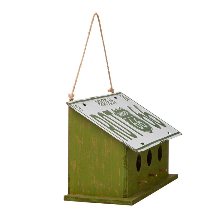 14"L Wood/Metal Green Birdhouse with Licence Plate Roof
