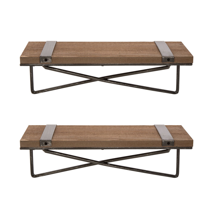 15.75"L Farmhouse Rustic Metal/Wooden Wall Shelves, Set of 2