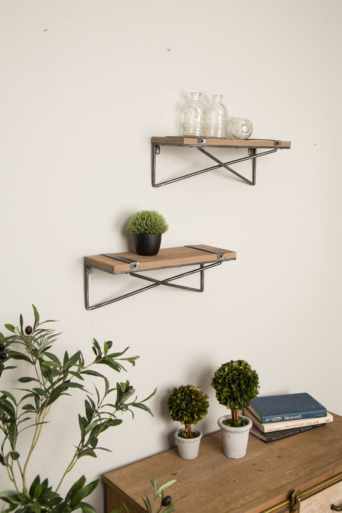 15.75"L Farmhouse Rustic Metal/Wooden Wall Shelves, Set of 2