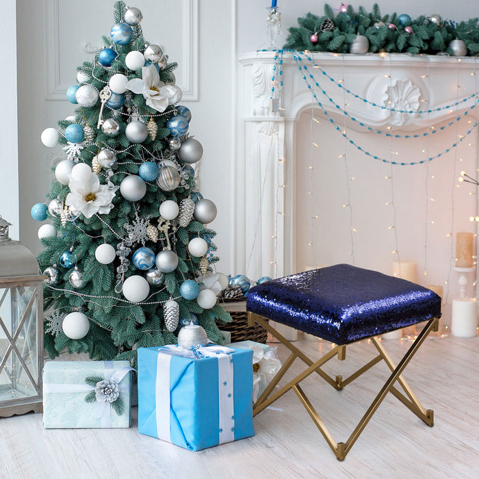 17.30"H Sapphire Blue and Gold Shimmering Sequin Stool with Metal Gold legs