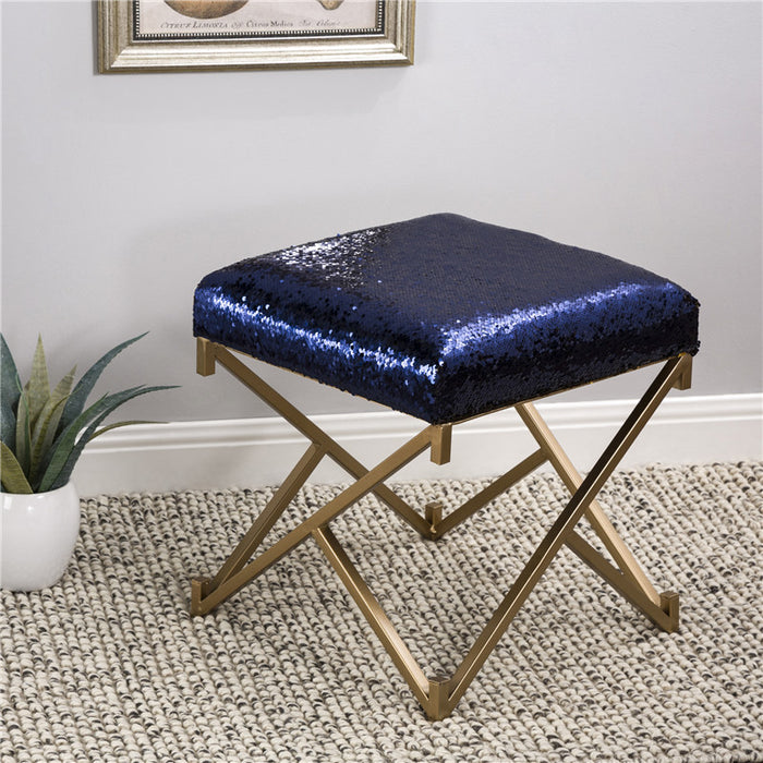 17.30"H Sapphire Blue and Gold Shimmering Sequin Stool with Metal Gold legs