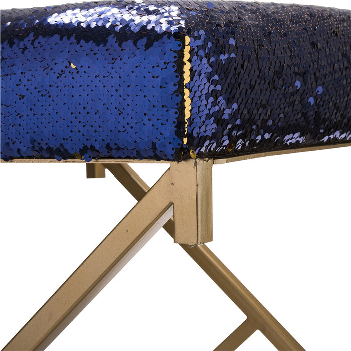 17.30"H Sapphire Blue and Gold Shimmering Sequin Stool with Metal Gold legs
