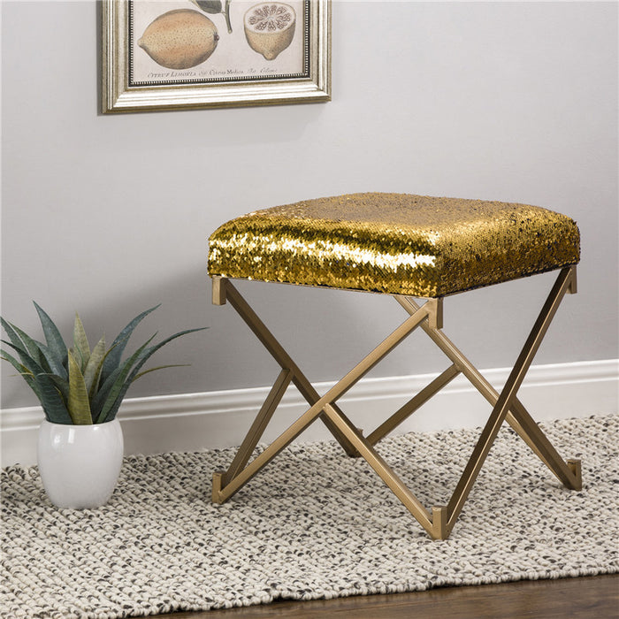 17.30"H Sapphire Blue and Gold Shimmering Sequin Stool with Metal Gold legs