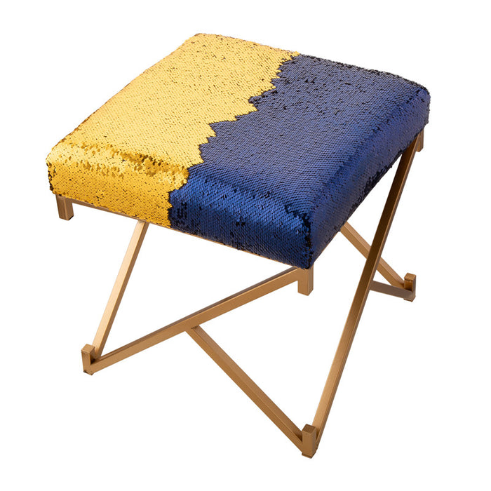 17.30"H Sapphire Blue and Gold Shimmering Sequin Stool with Metal Gold legs