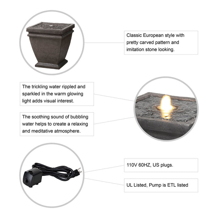 17.5"H Elegant Stone Sculpture Pattern Polyresin Outdoor Fountain with LED Light and Pump