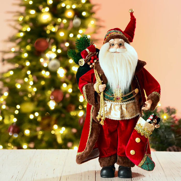 18"H Christmas Santa Claus Figurine With Traditional Red Velvet Suit