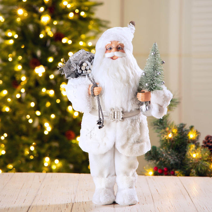 18"H Christmas Santa Figurine With White Faux Fur Suit