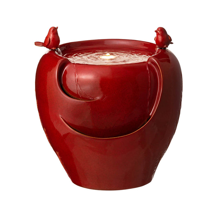 19.5"H Red Two Birds Embossed Plant Pattern Ceramic Pot Fountain with Pump and LED Light